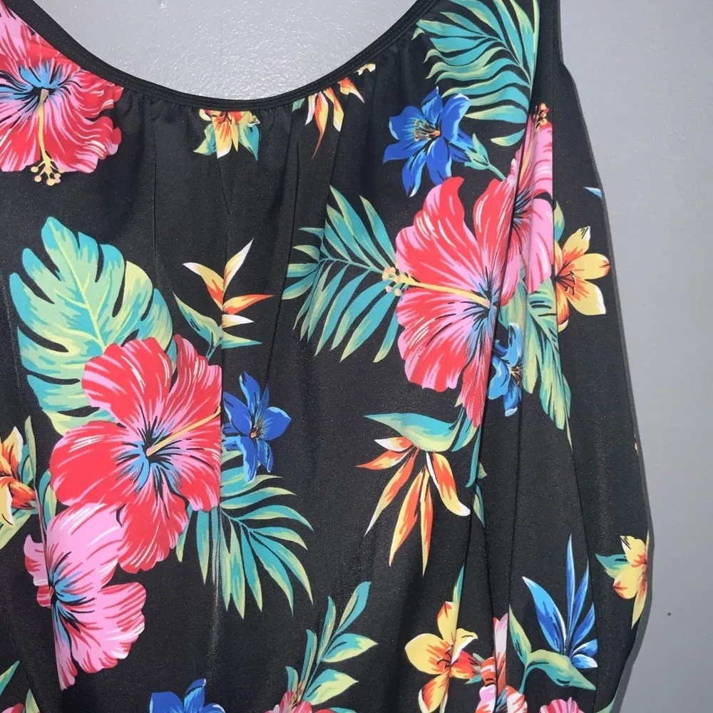 Inches Away Black With Multicolor Tropical Floral Print Swim Dress Size 12